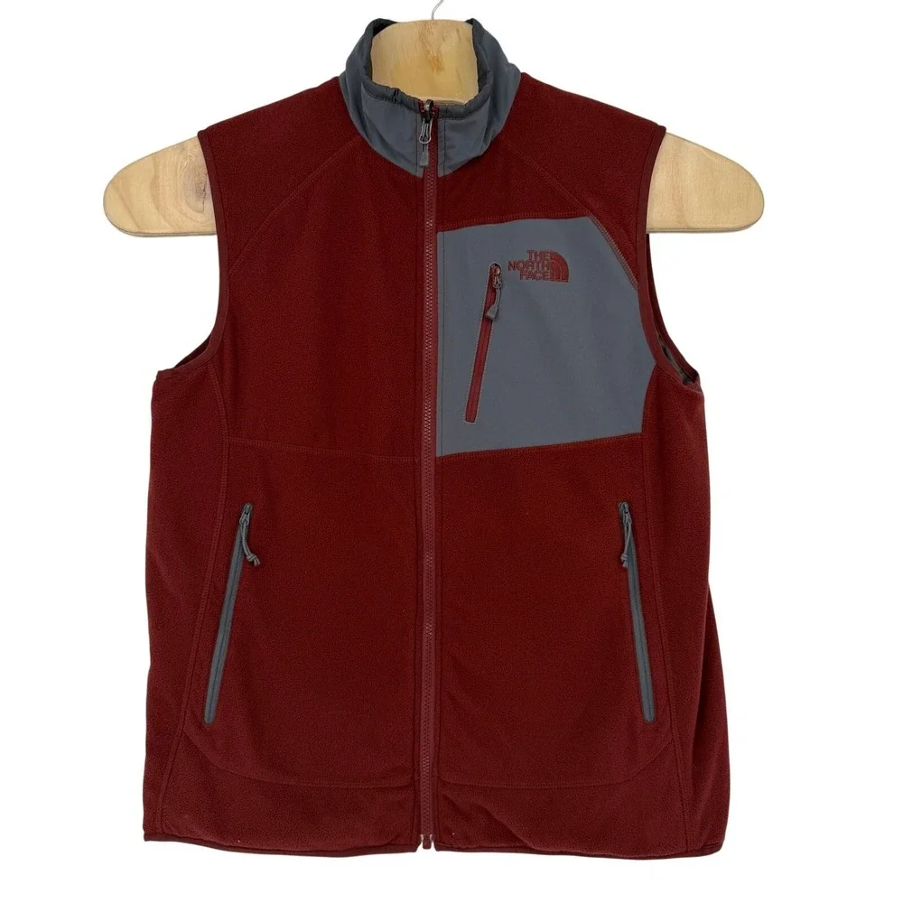 North Face Mens Medium Gray Red Maroon Reversible Packable Fleece Puffer Vest